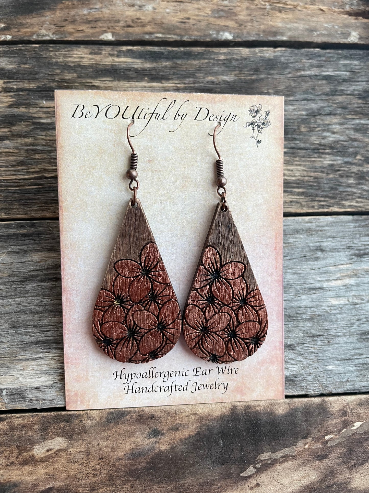 Wood Copper Floral Earrings