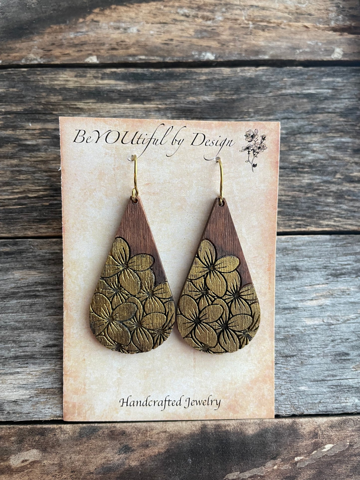 Wood Gold Floral Earrings