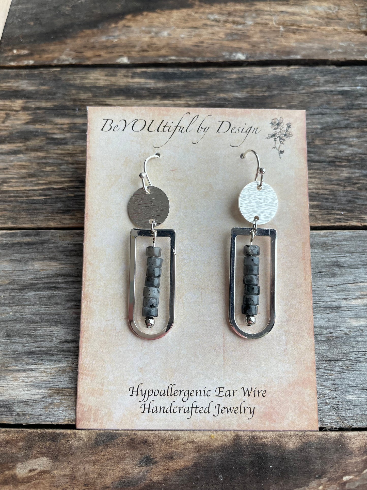 D Shaped Silver Dangle Earrings w/ Natural Stones