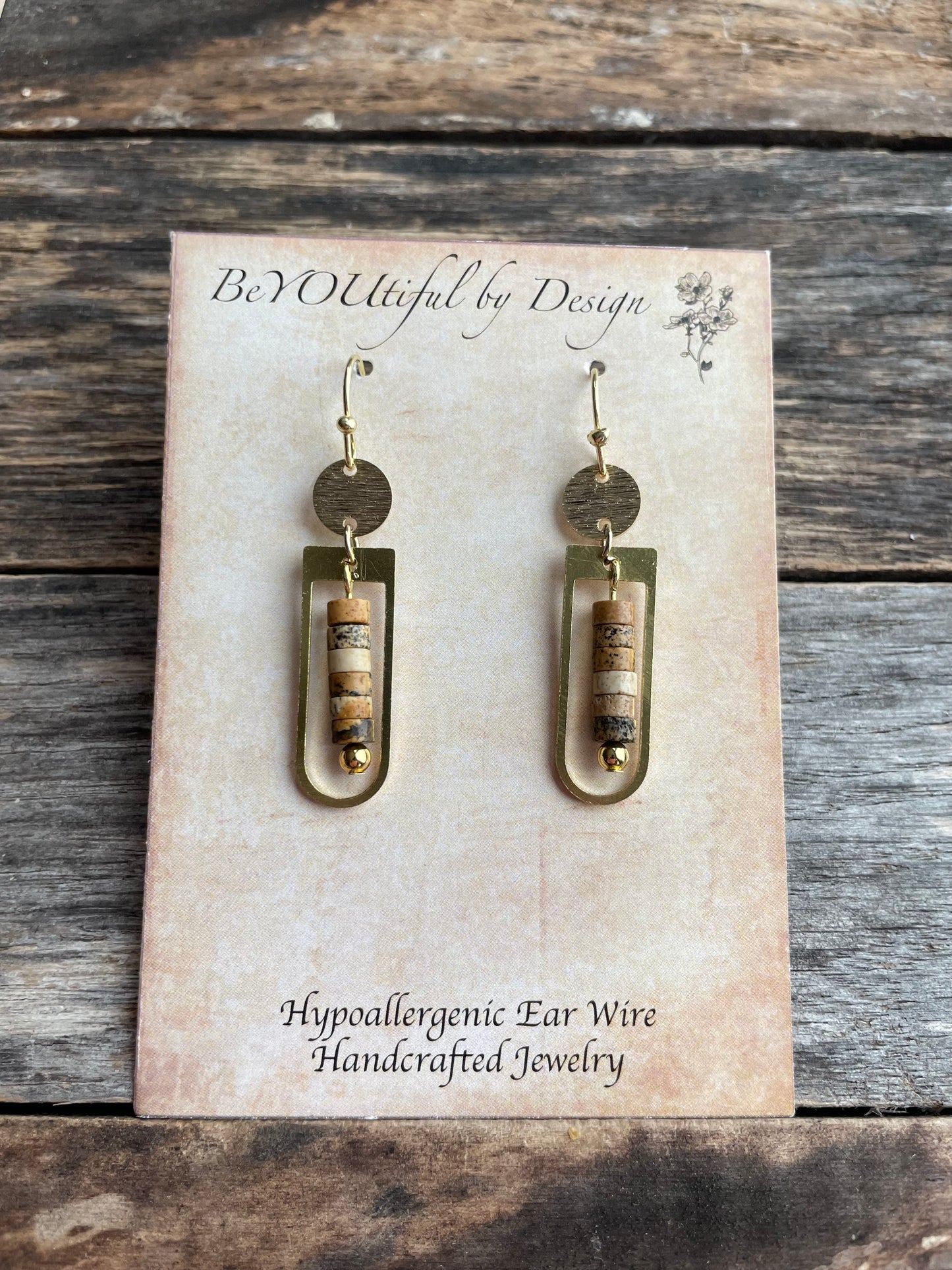 D Shaped Small Brass Dangle Earrings w/ Natural Stones