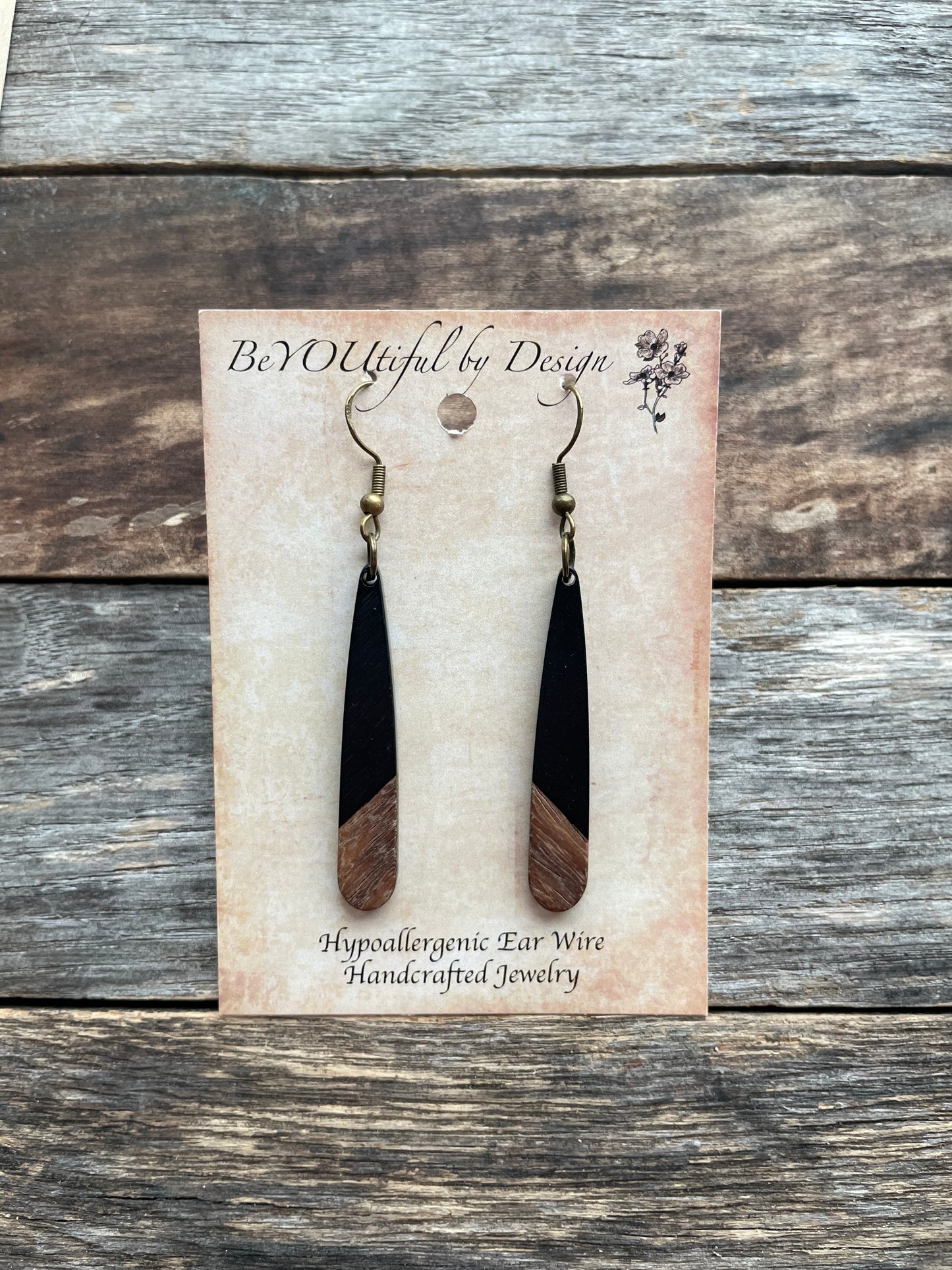 Wood/Black Resin Long Teardrop Earrings
