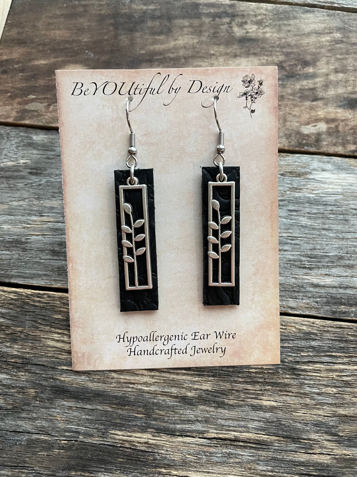 Embossed Black Leather and Silver Leaf Charm Earrings