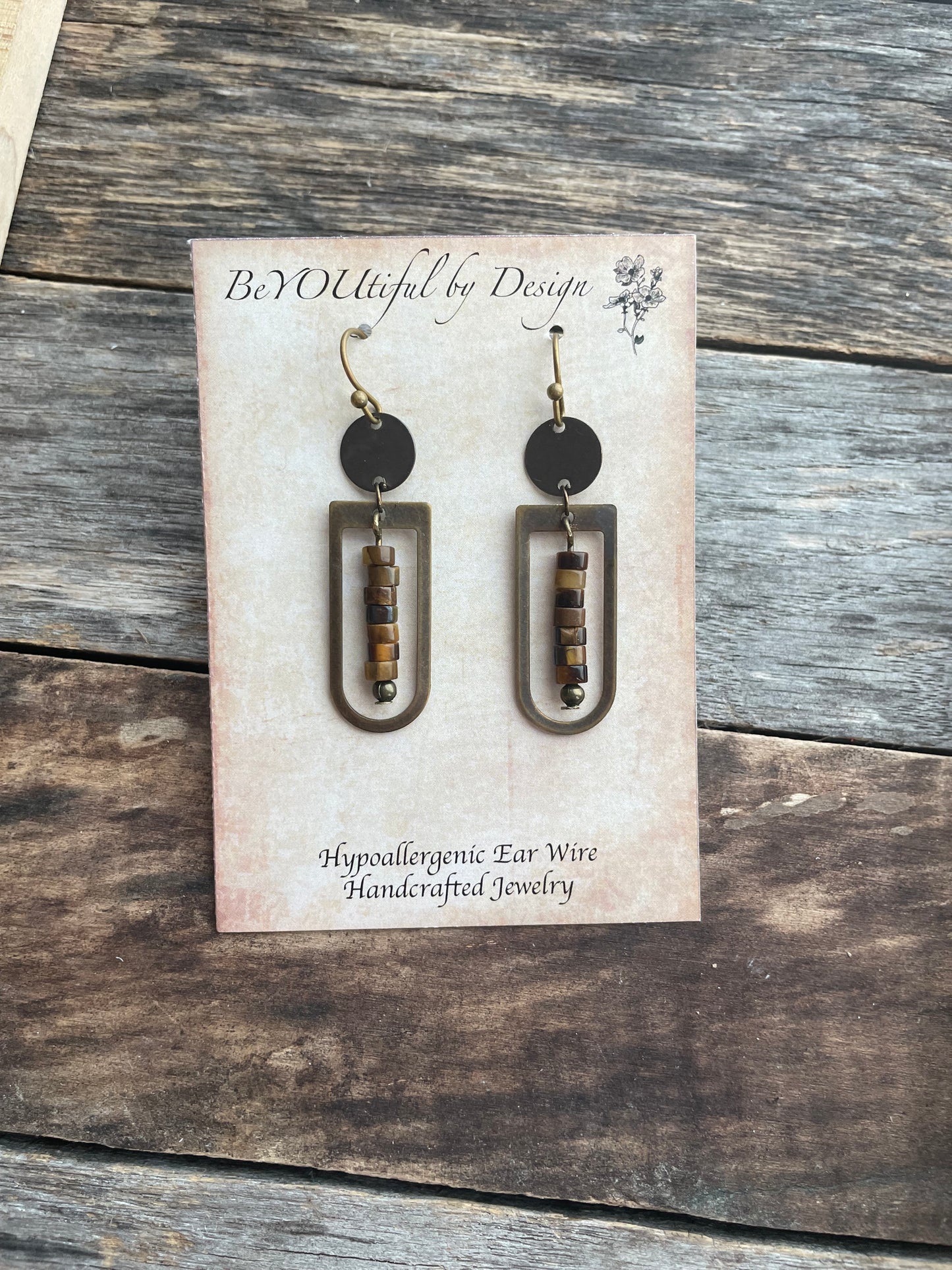 D Shaped Bronze Dangle Earrings w/ Tiger Eye Natural Stones