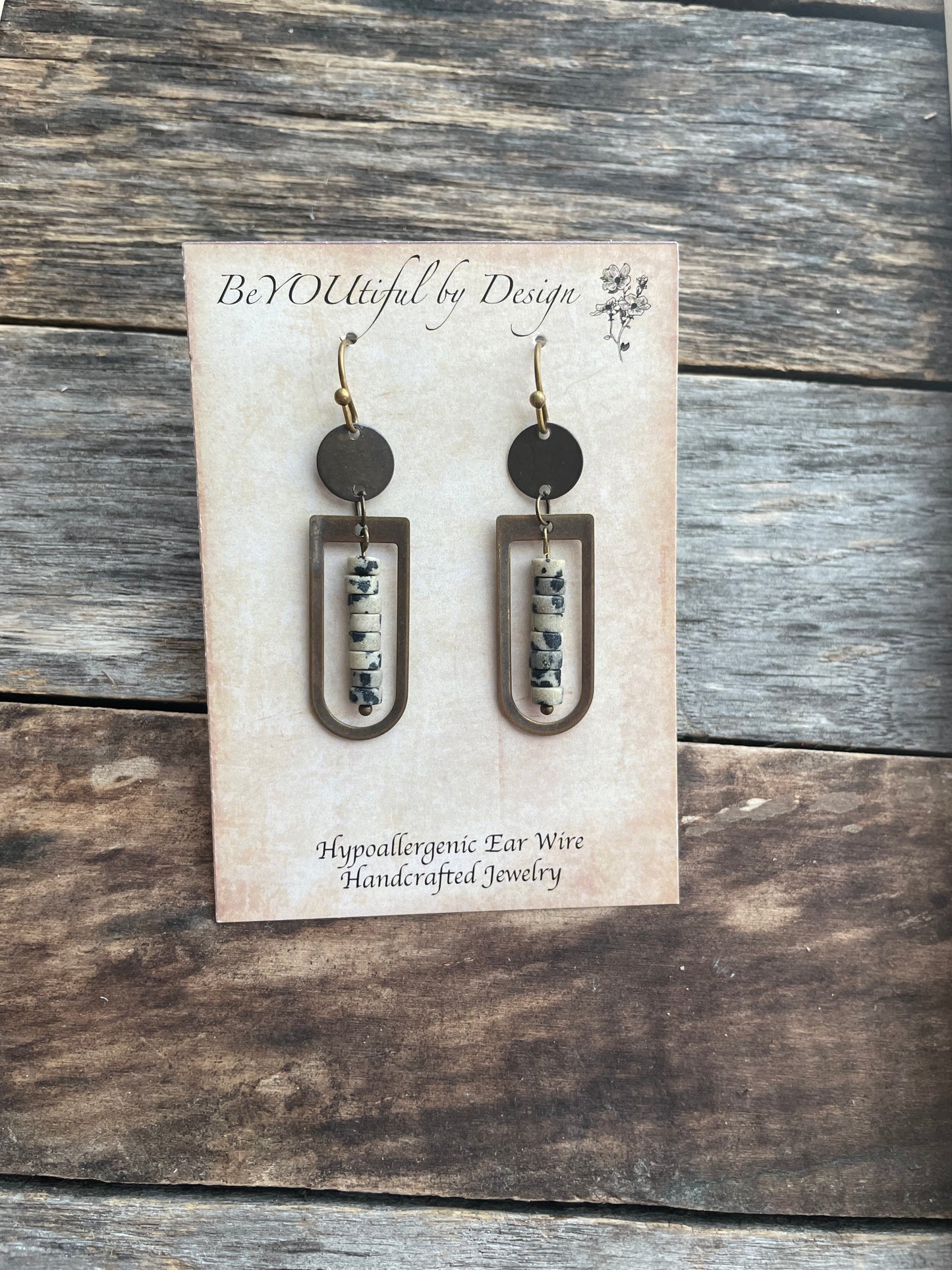 D Shaped Bronze Dangle Earrings w/ Dalmatian Jasper Natural Stones