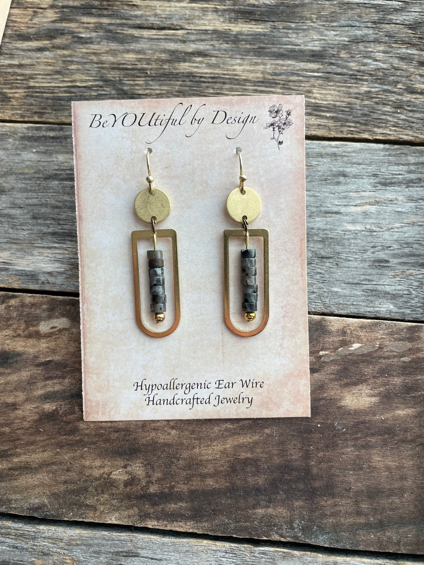 D Shaped Brass Dangle Earrings w/ Black Spectrolite Natural Stones