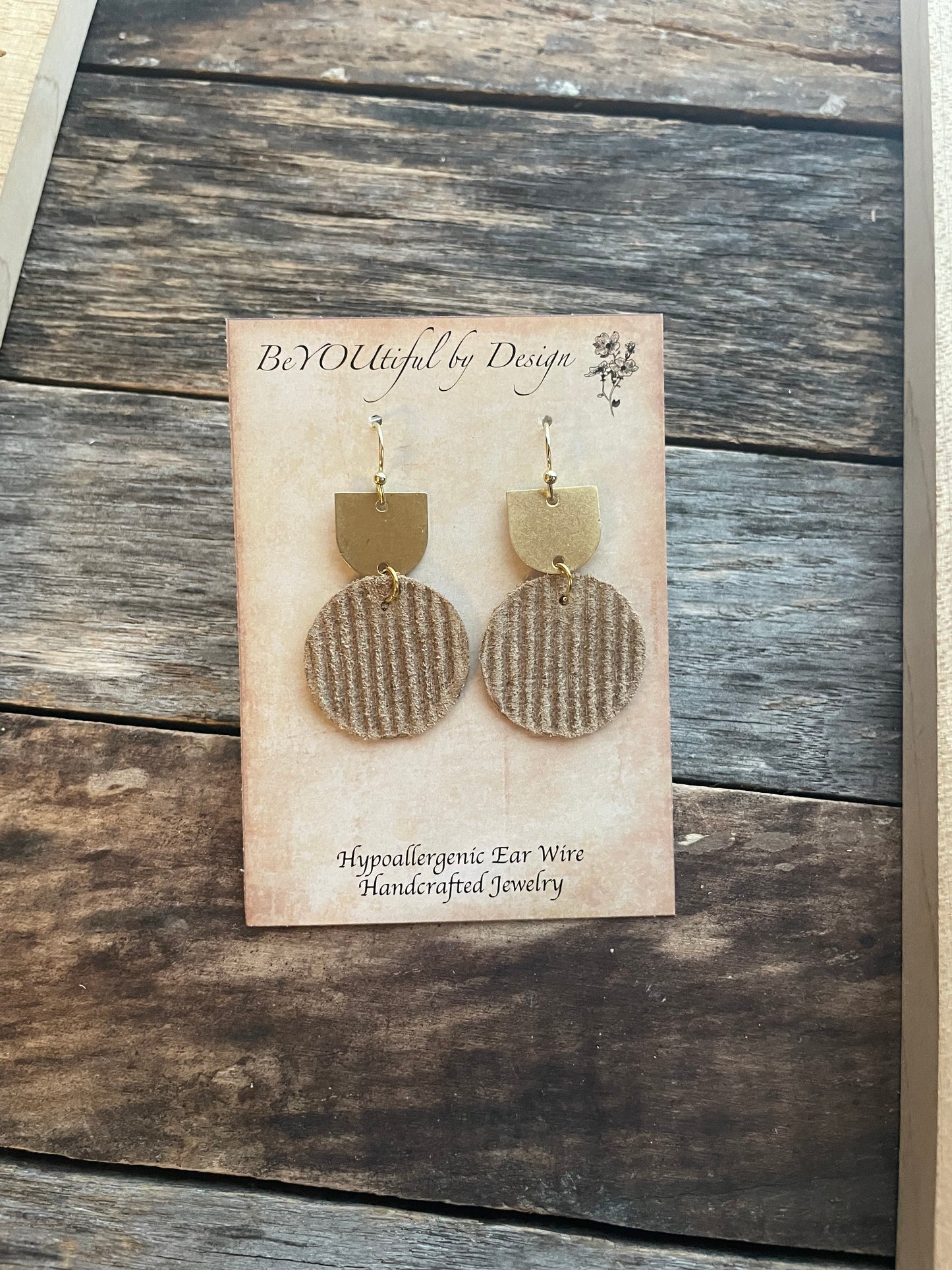 Leather Circle-Sand Tan Earrings w/ Raw Brass Connector