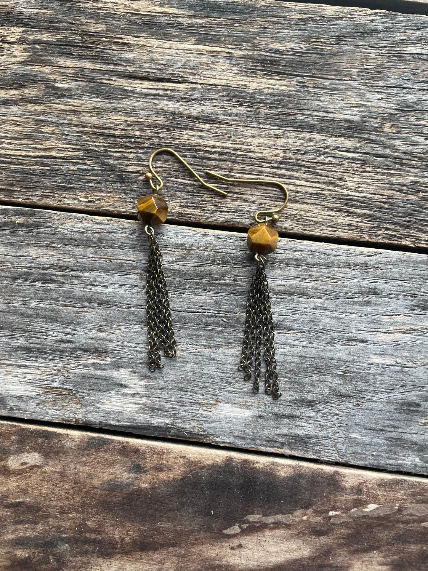 Dangle Chain Earrings with Natural Stone Tiger Eye Beads