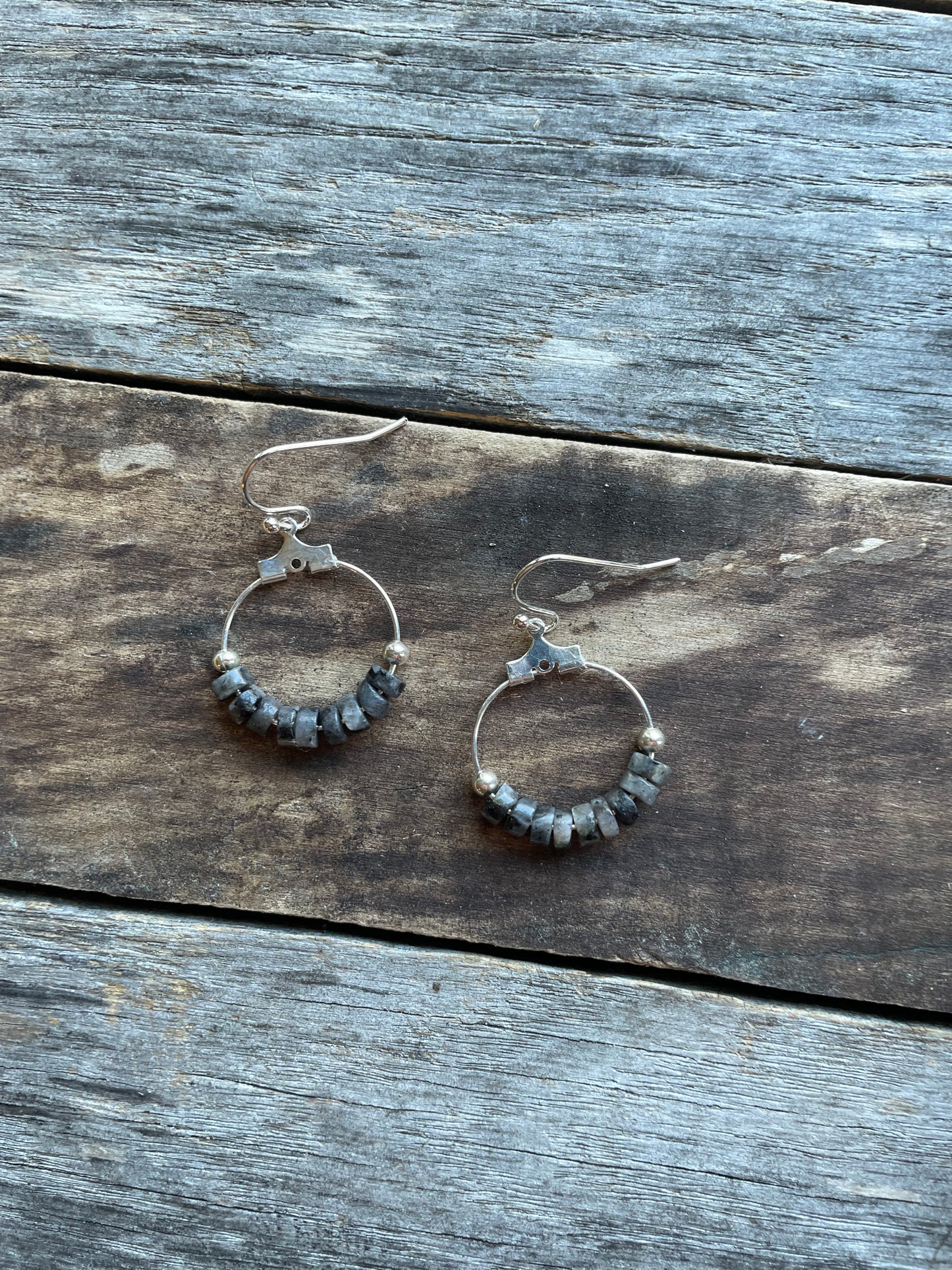 Hoop Earrings w/ Natural Stone Black Spectrolite Beads