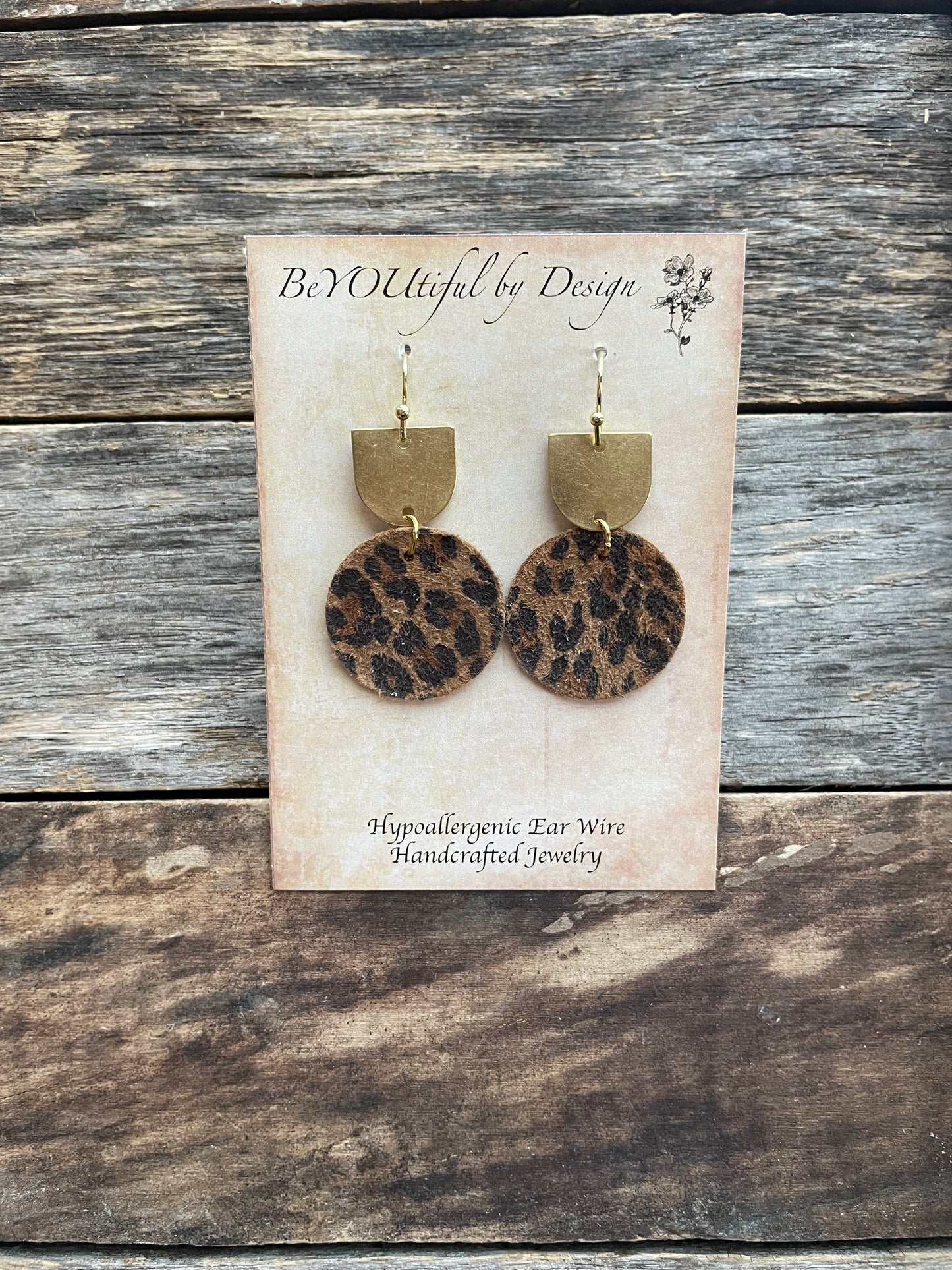Leather Circle-Cheetah Print Earrings w/ Raw Brass Connector
