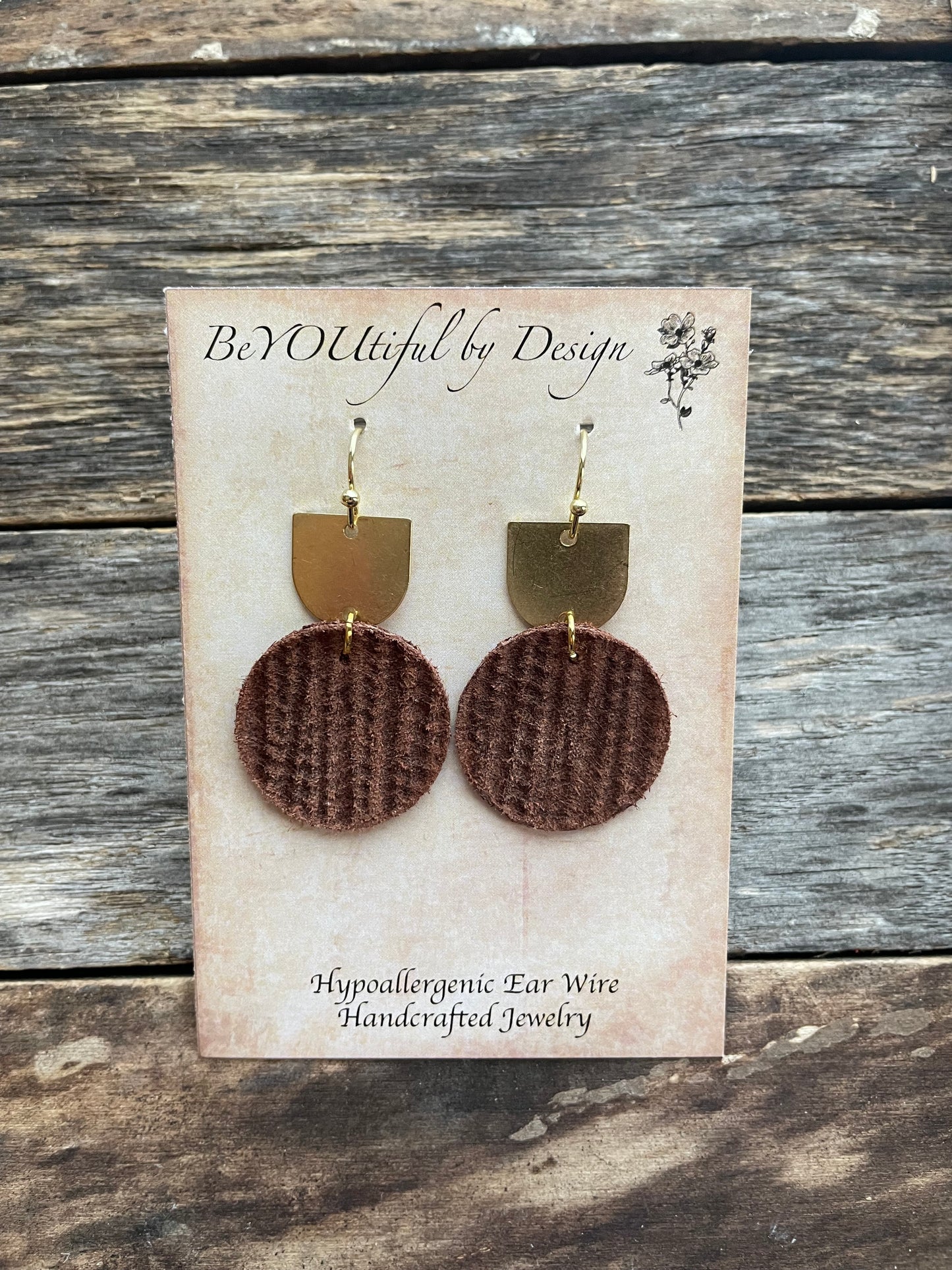 Leather Circle Earrings w/ Raw Brass Connector