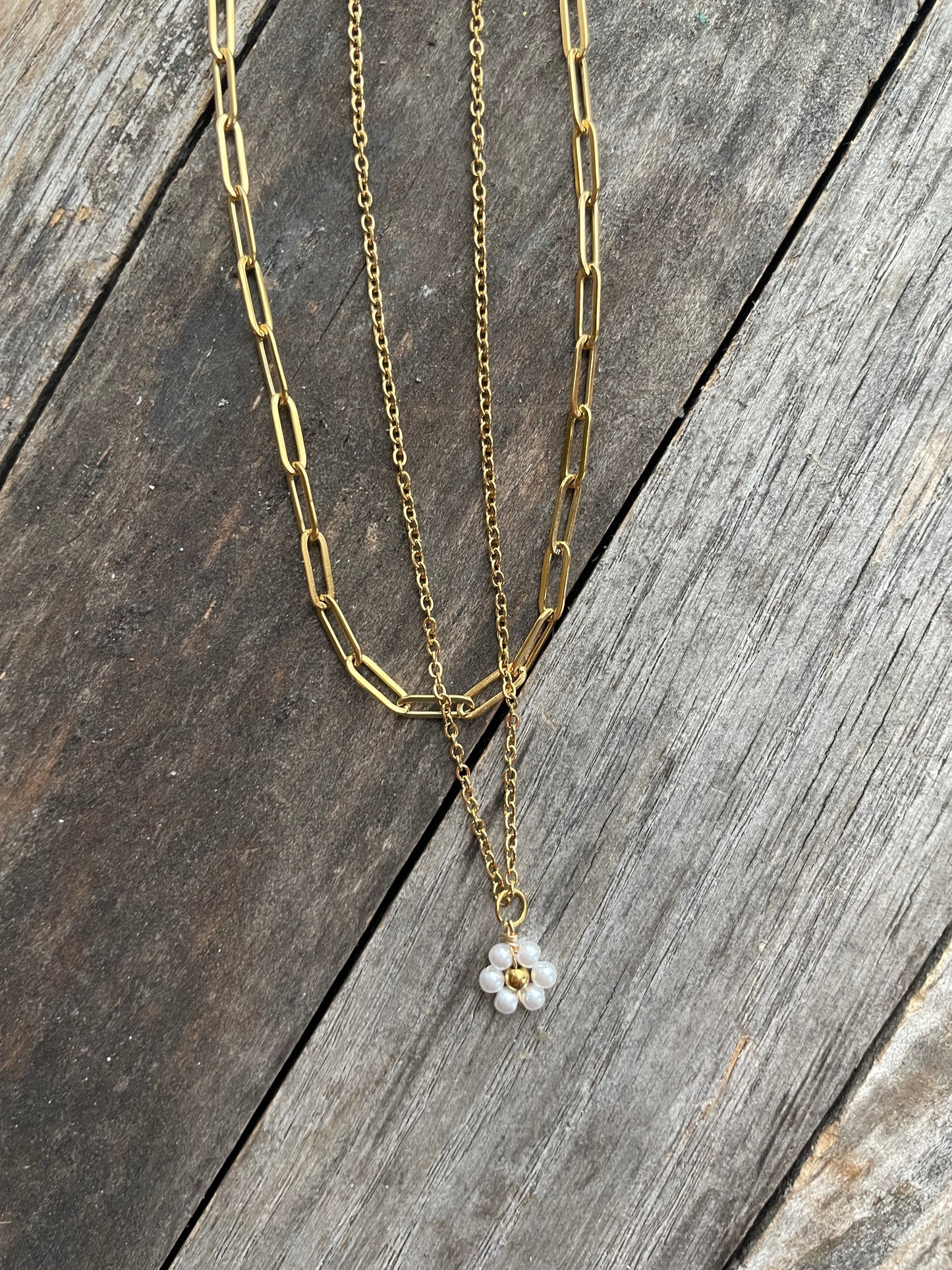 Double Gold Plated Chain Necklace w/ Flower Charm