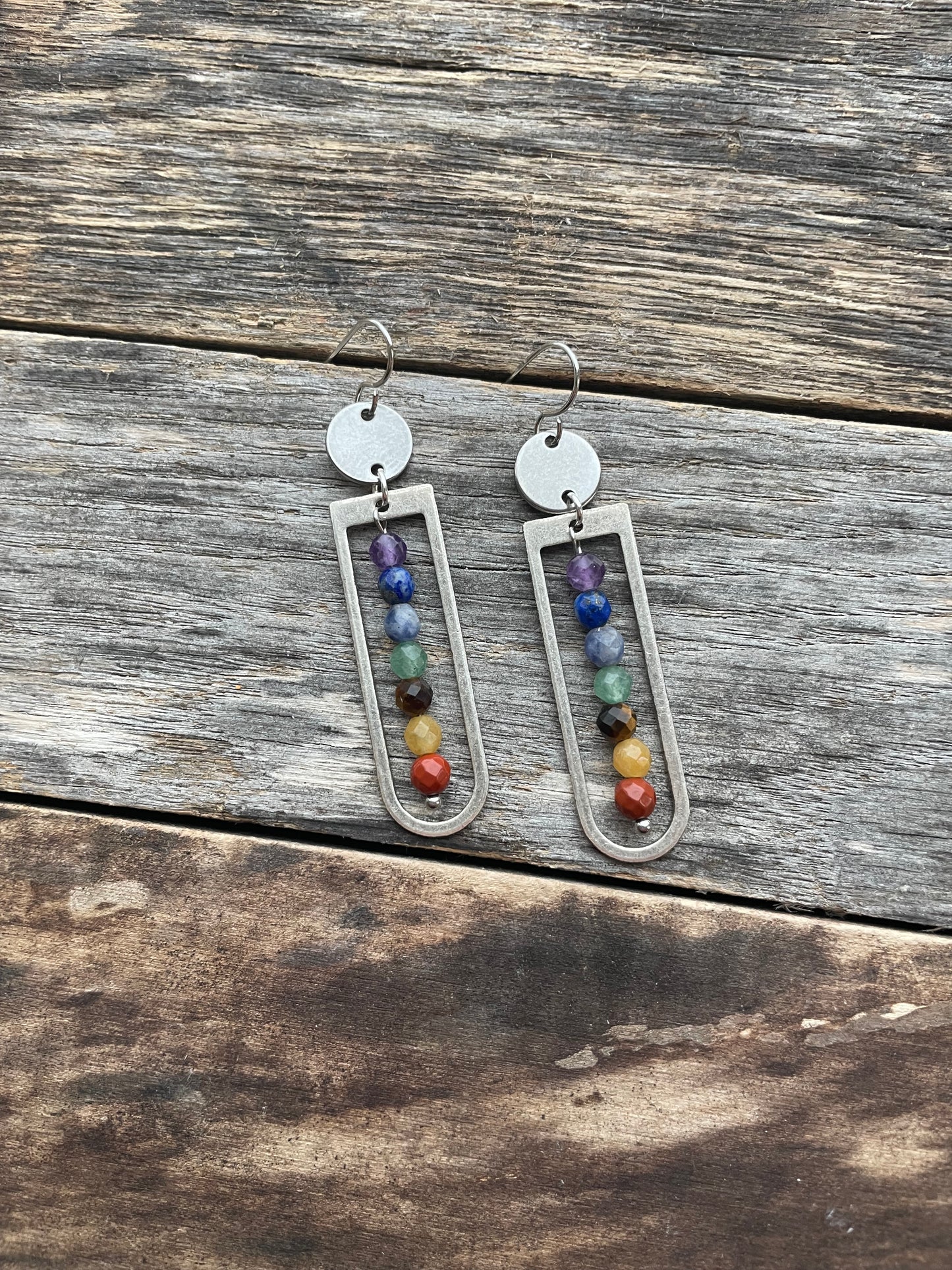 D Shaped Silver Dangle Earrings w/ Chakra Natural Stones