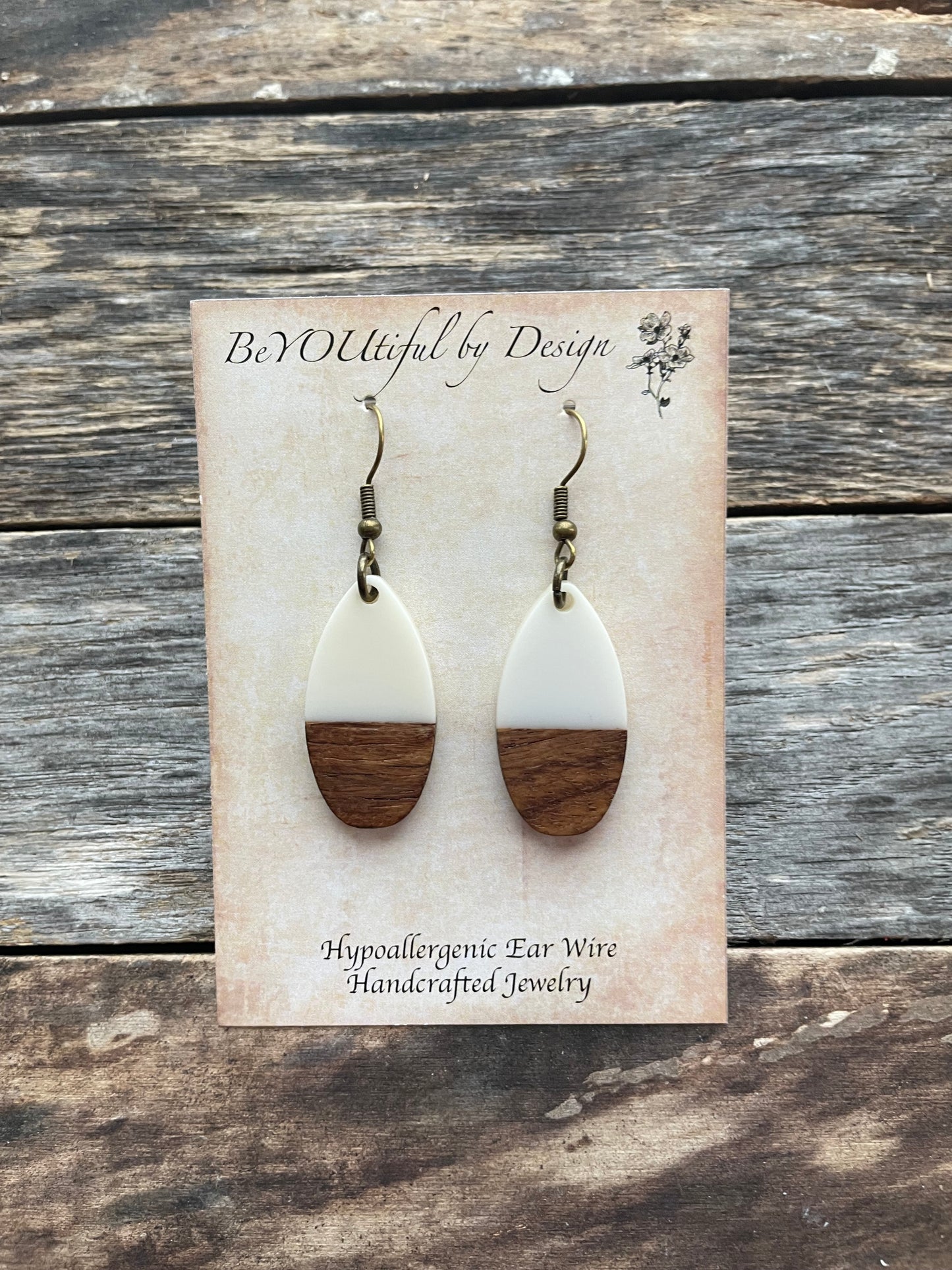 Wood/White Resin Earrings with D Shaped Connector