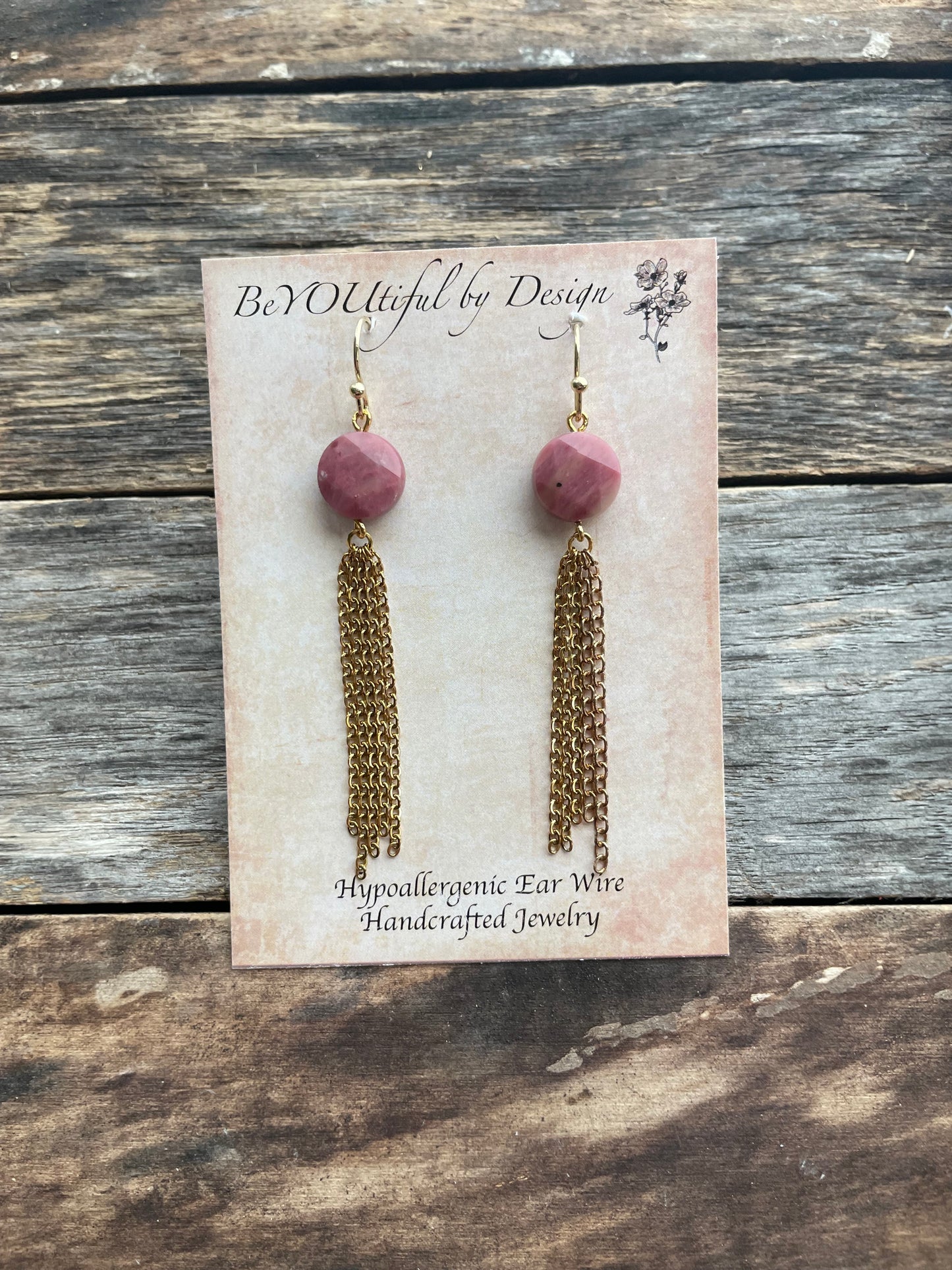 Dangle Chain Earrings with Natural Stone Rhodonite Beads