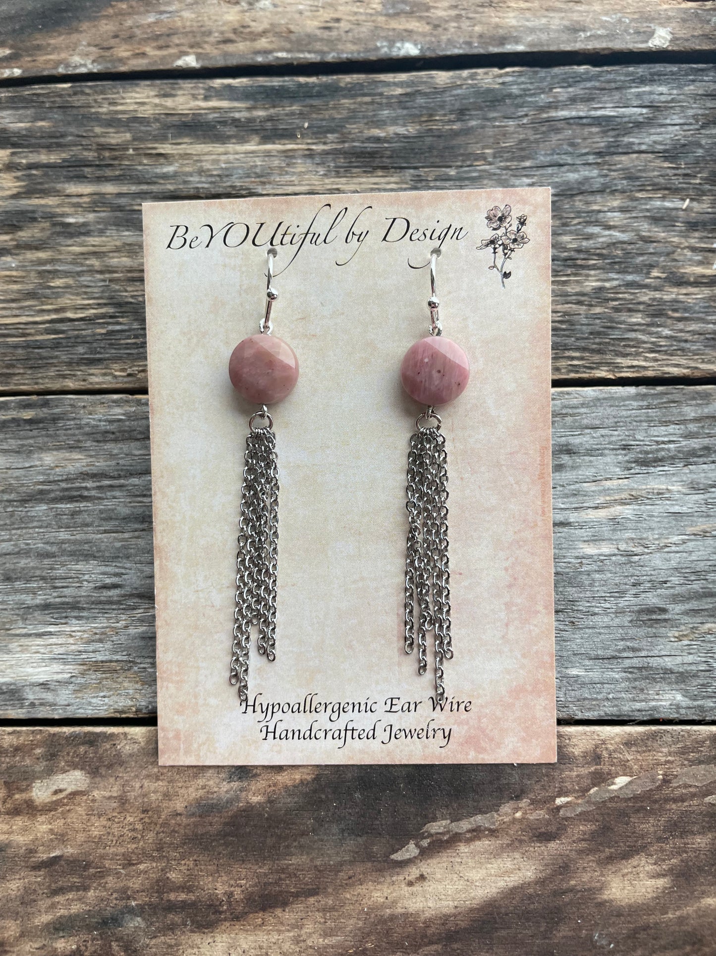 Dangle Chain Earrings with Natural Rhodonite Beads