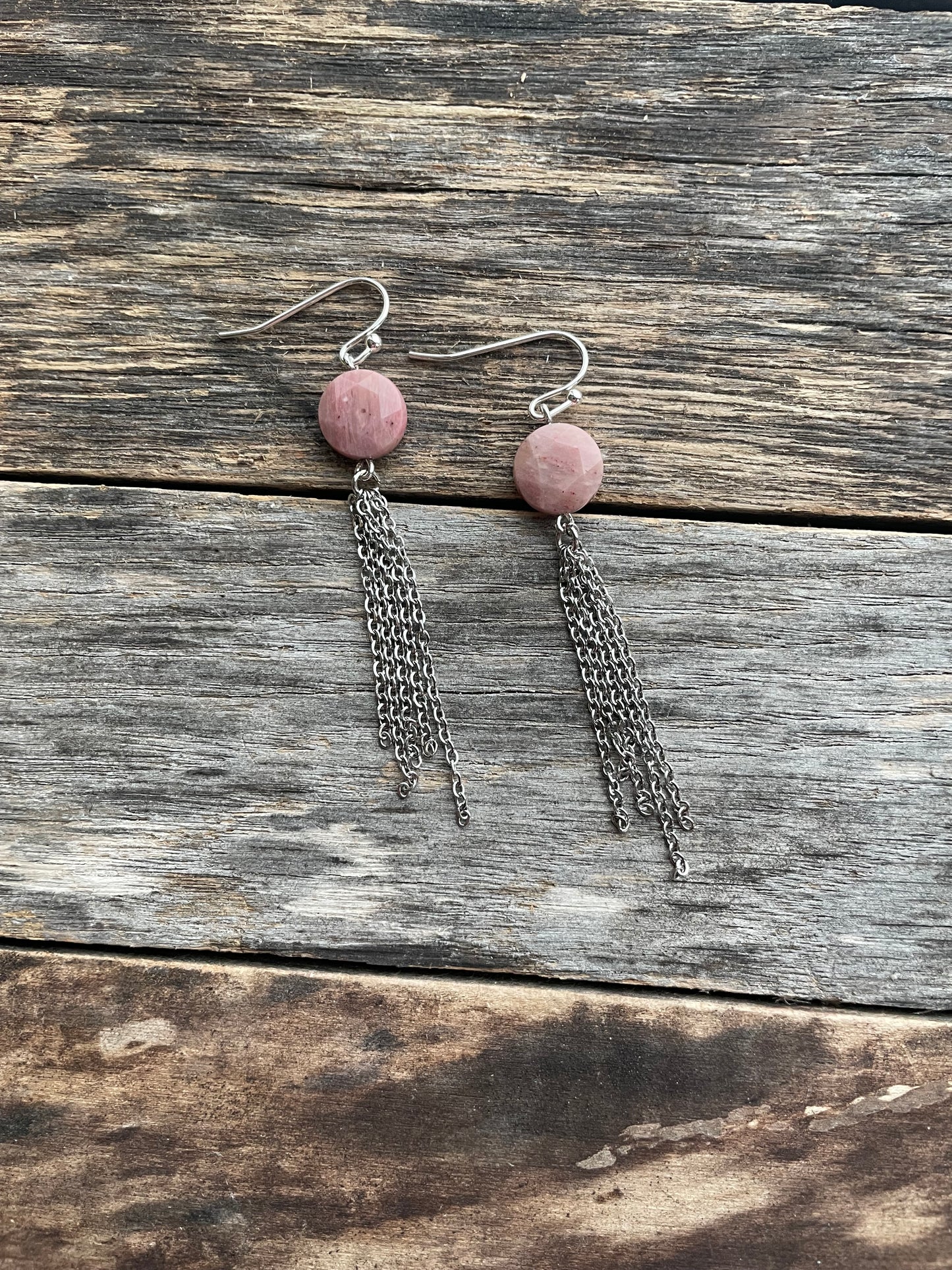 Dangle Chain Earrings with Natural Rhodonite Beads