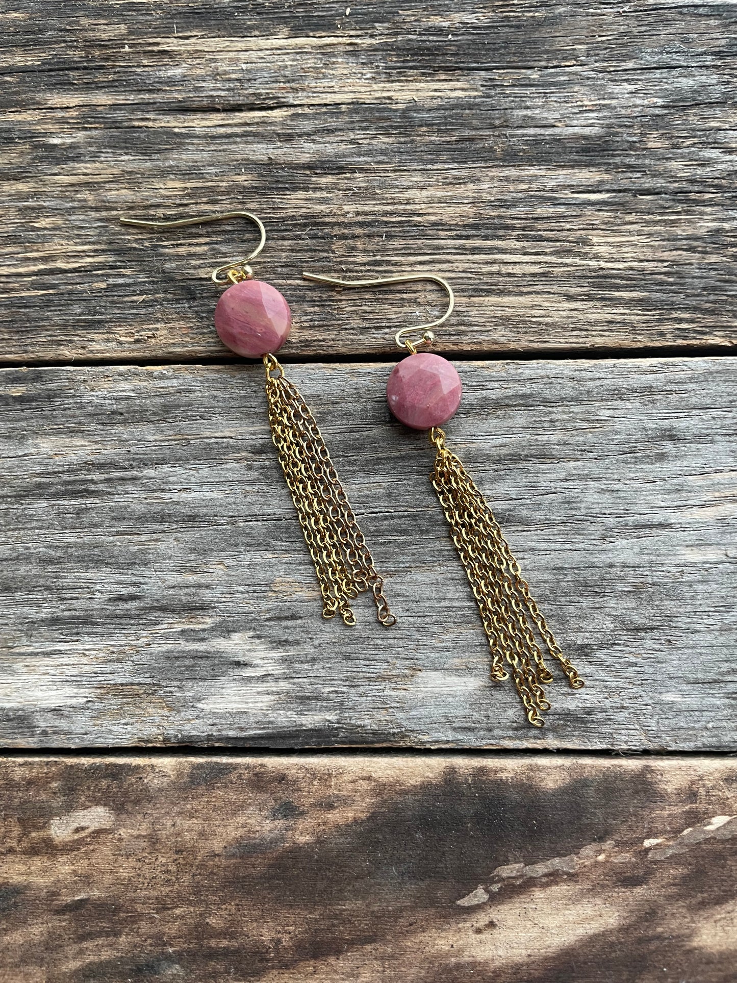 Dangle Chain Earrings with Natural Stone Rhodonite Beads