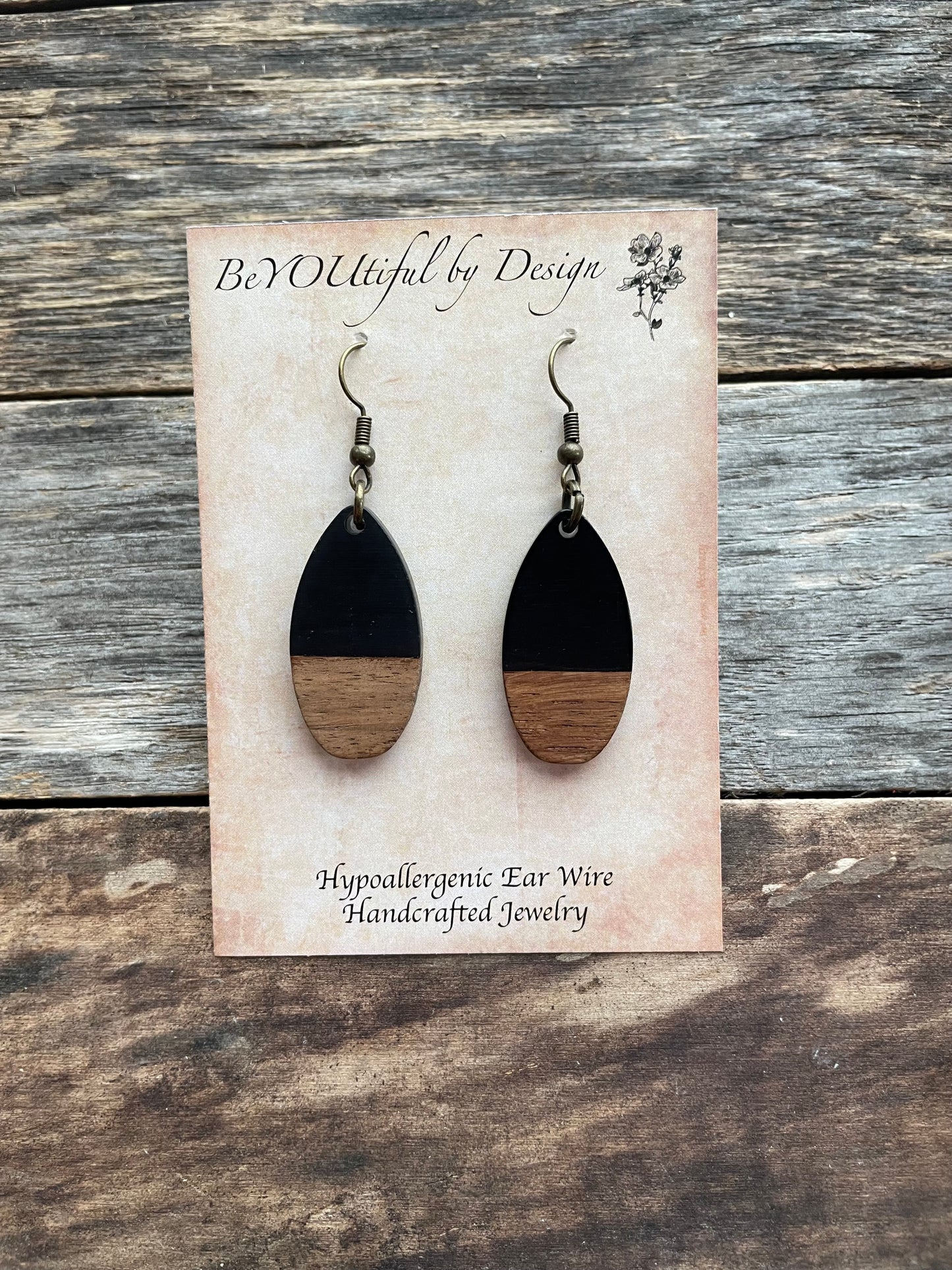 Wood/Black Resin Teardrop Earrings