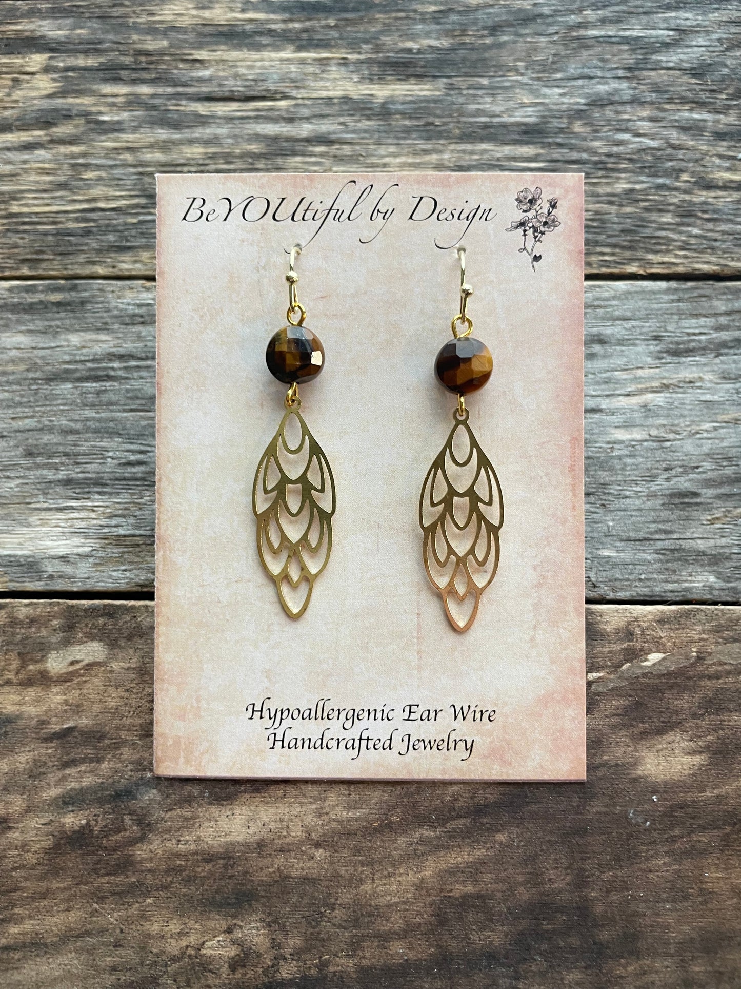 Brass Leaf Dangle Earring w/ Natural Stone Tiger Eye Bead