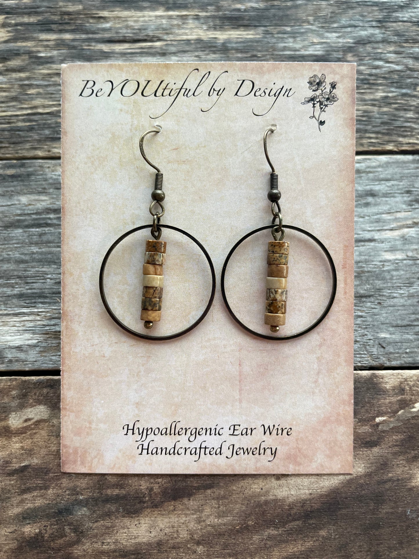 Vertical Drop Earrings w/ Natural Stone Picture Jasper Beads
