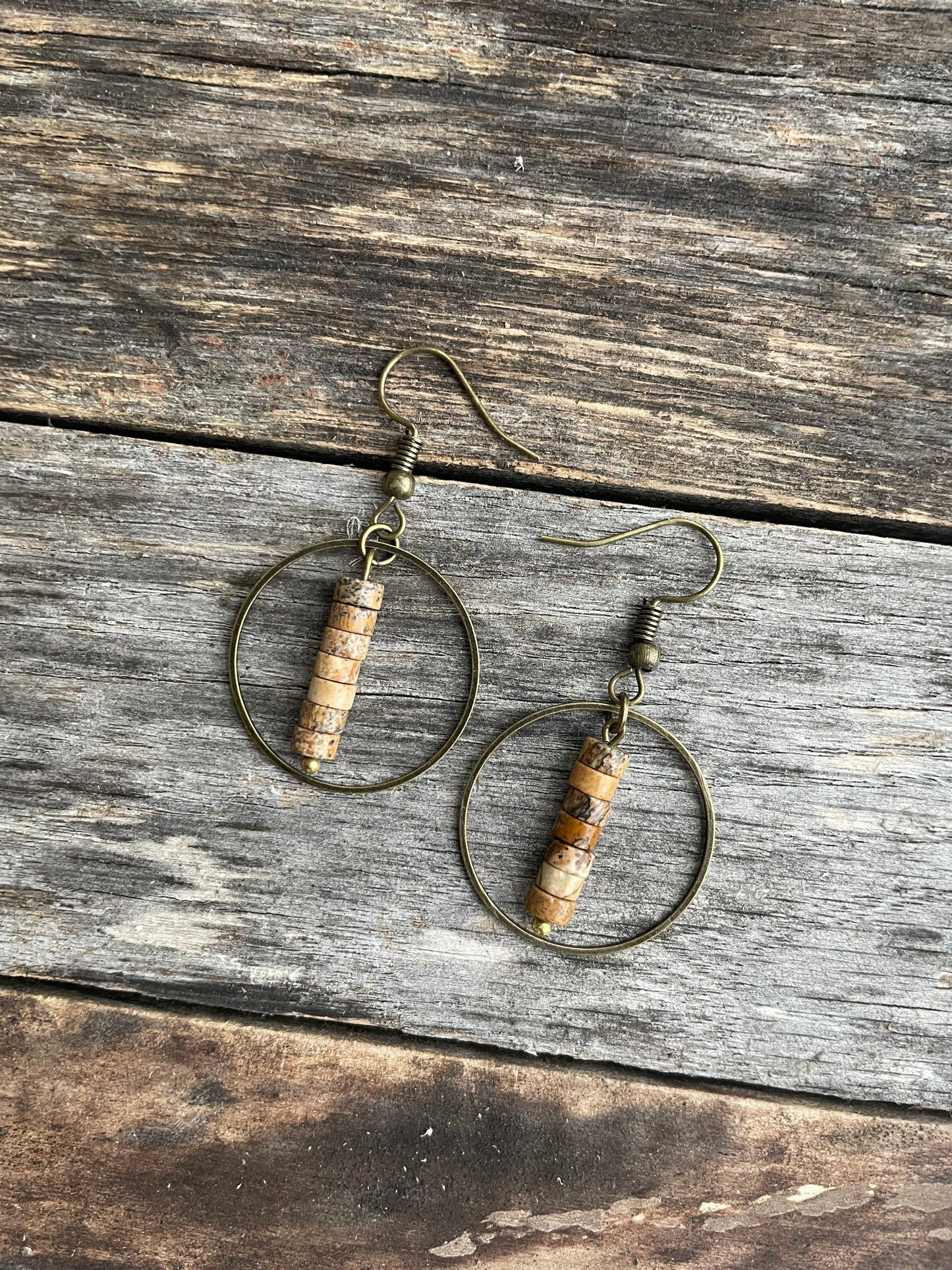 Vertical Drop Earrings w/ Natural Stone Picture Jasper Beads