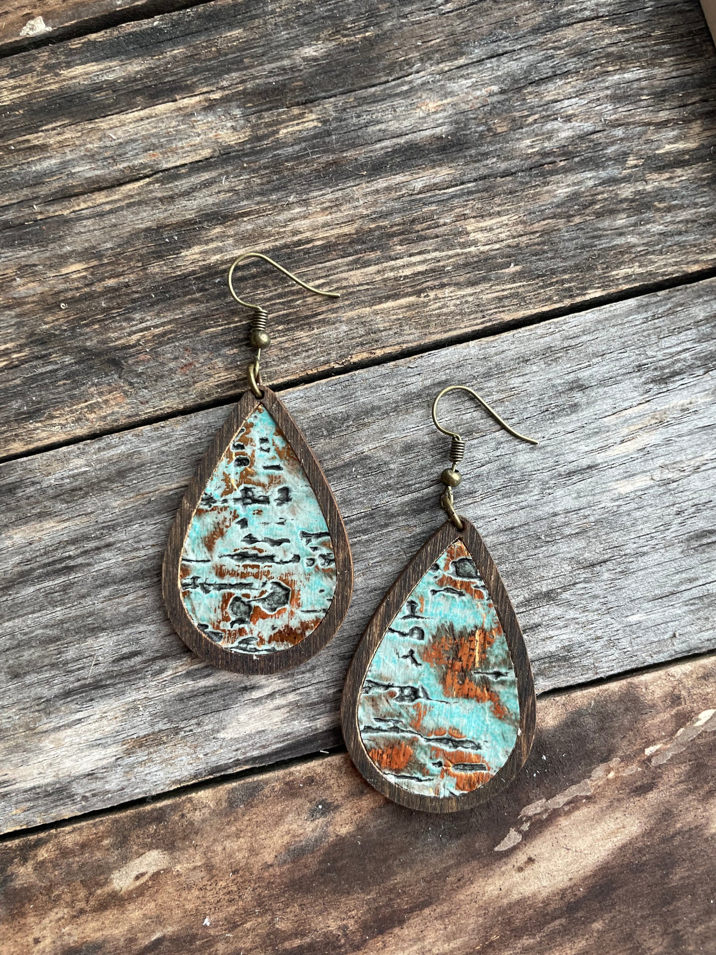 Wood Teardrop Bezel w/ Turquoise/Copper Leather Earrings