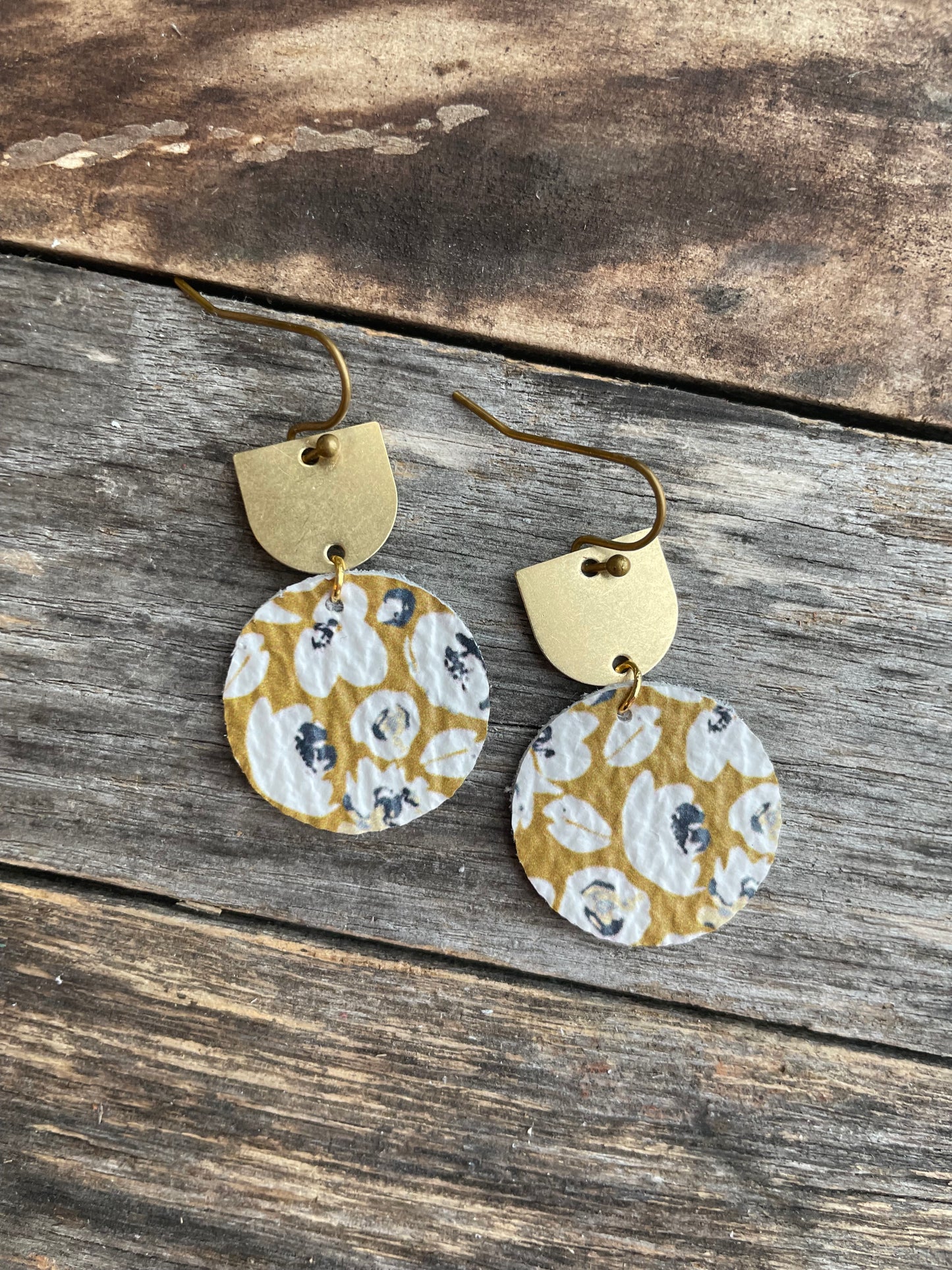 Leather Circle-Yellow Floral Earrings w/ Raw Brass Connector