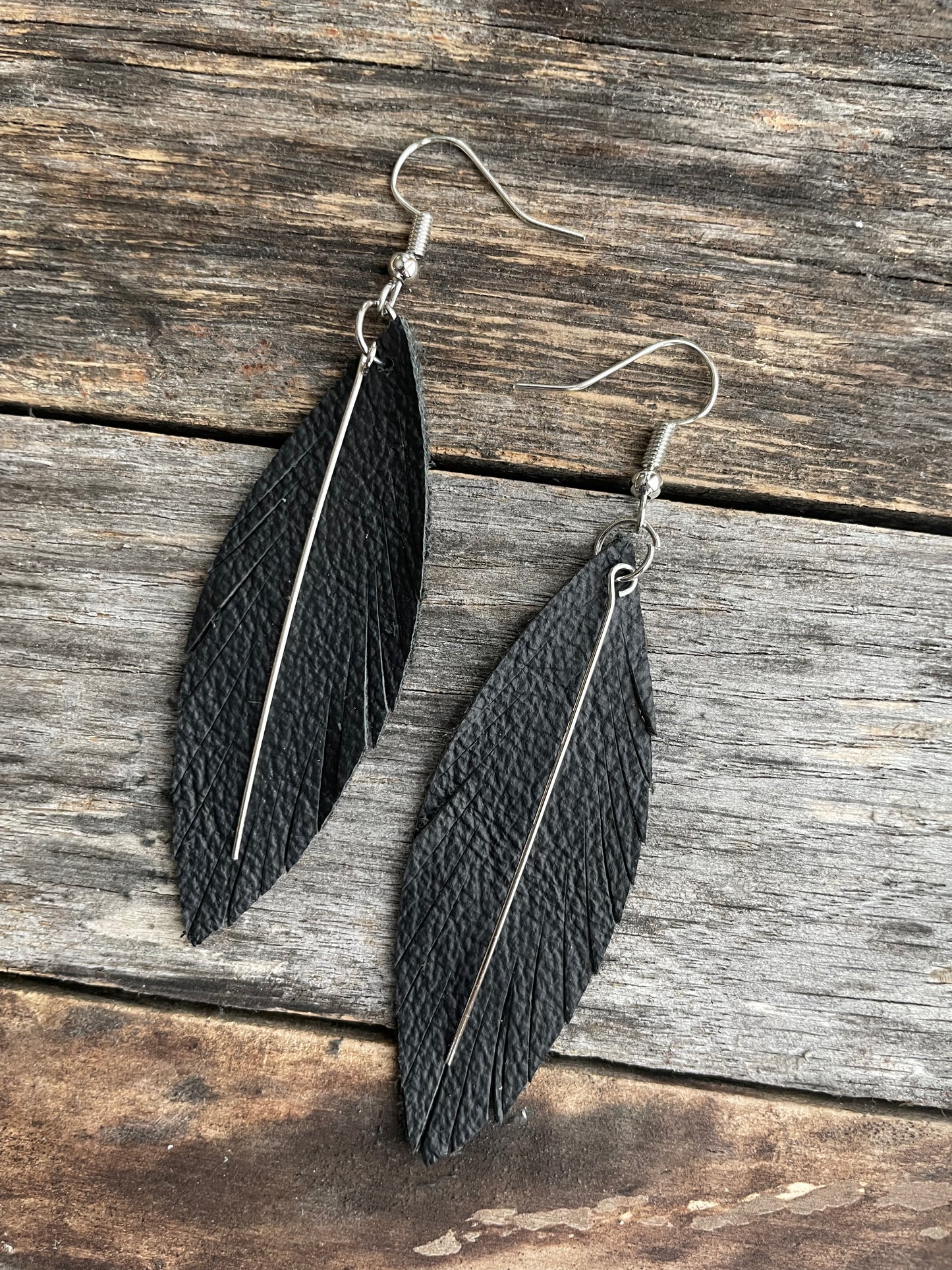 Leather Feather Earrings w/ Silver Eyepin
